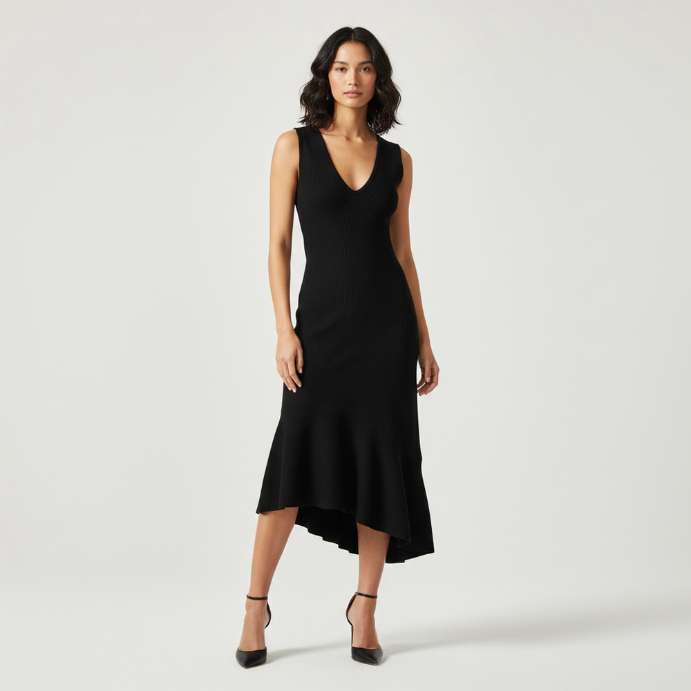 525 Revolve Black V-Neck Stretch Ponte Asymmetrical Flounce Hem Dress LBD XS